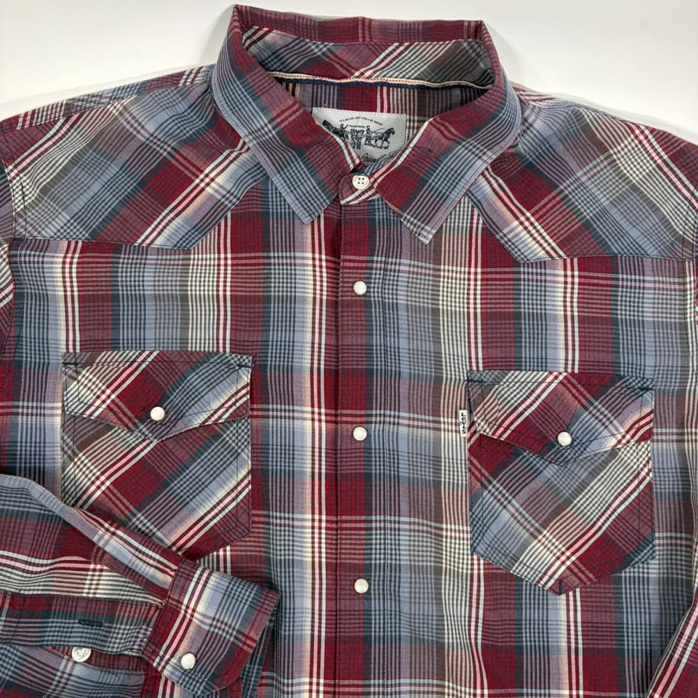 Levi Western Shirt Mens XL Pearl Snap Red Blue Plaid Vintage Cowboy Workwear